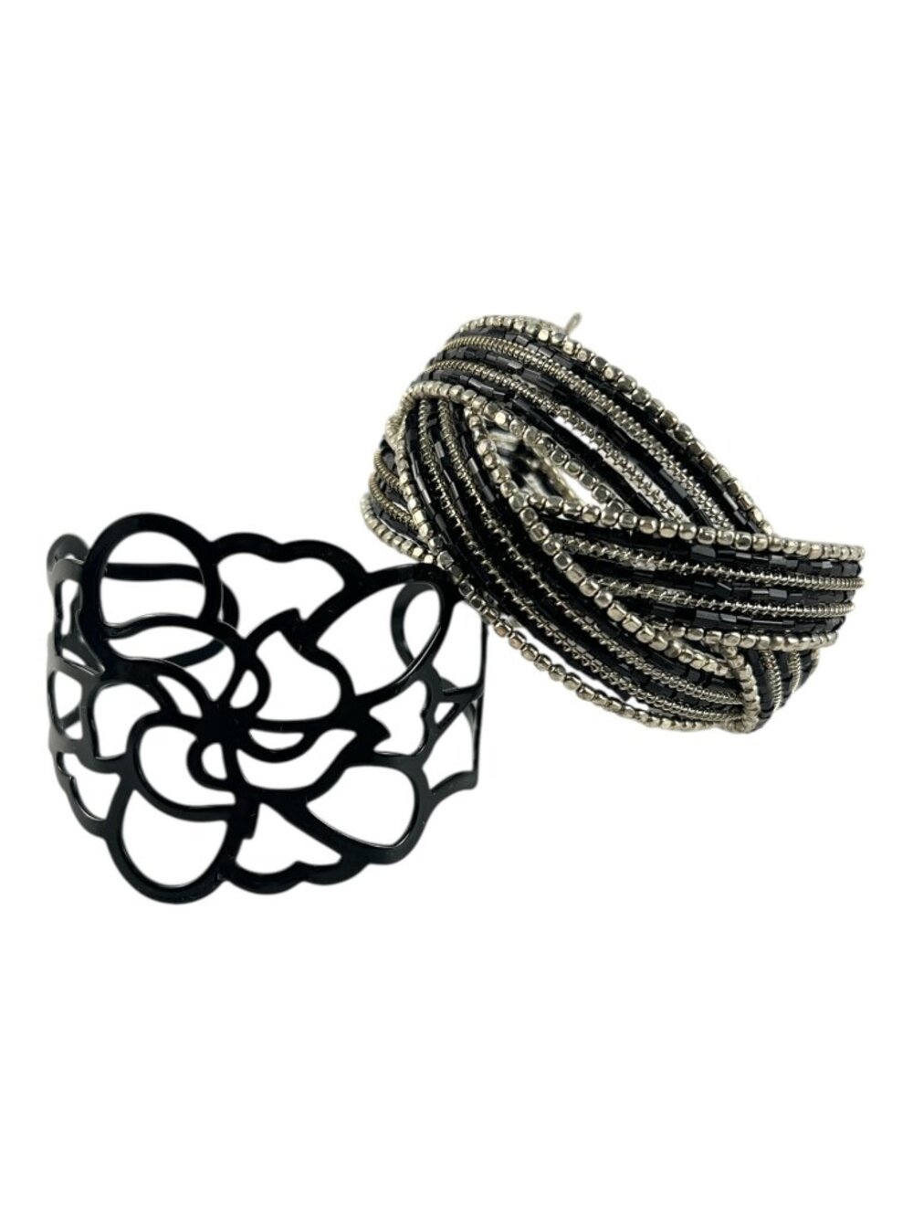 Applique Retired Lia Sophia Black Enamel Floral Cuff & Beaded Woven Bracelet Lot